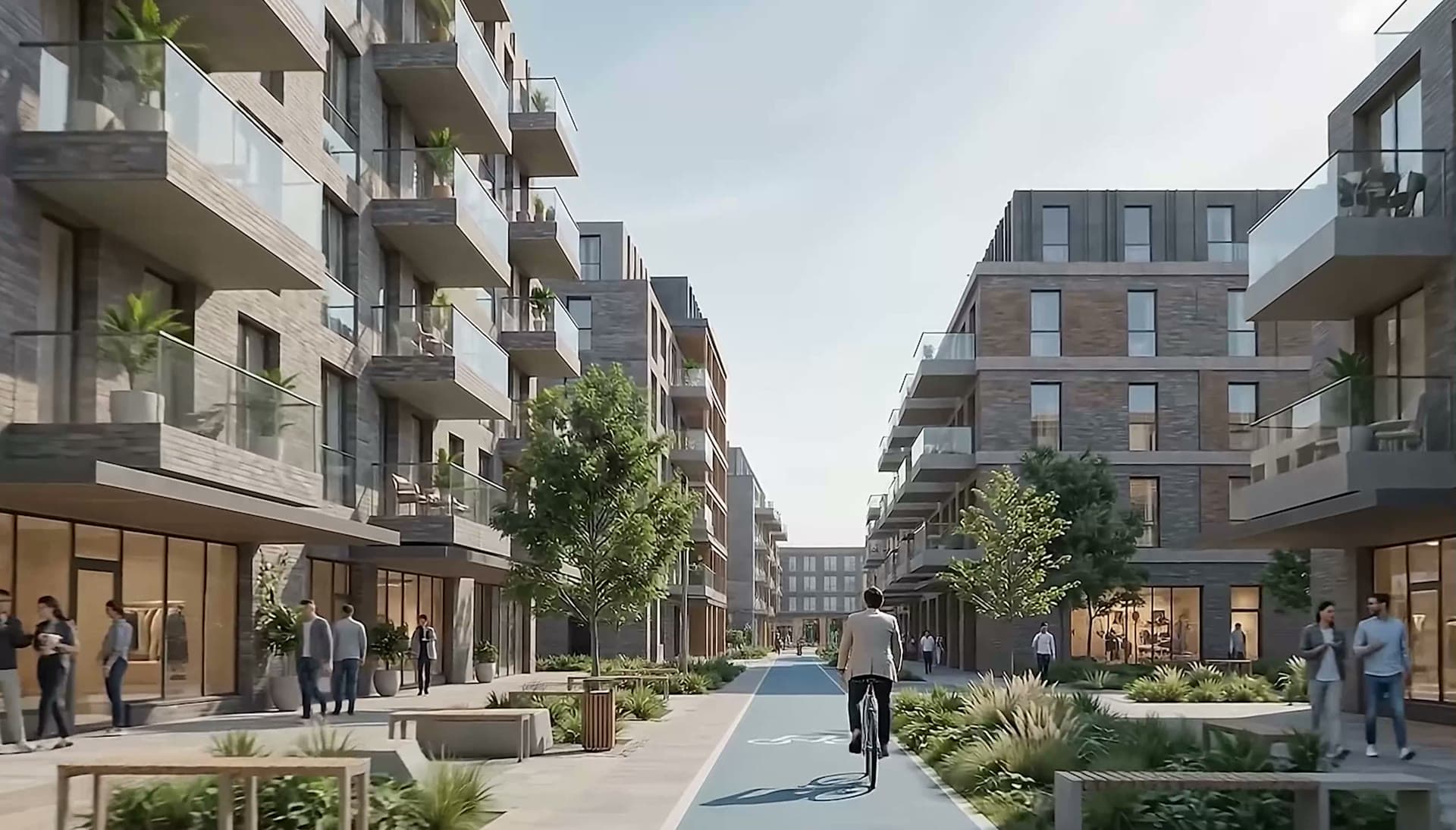 Visualisierung einer belebten Quartiersstraße im künftigen RAWSBURG-Quartier in Magdeburg