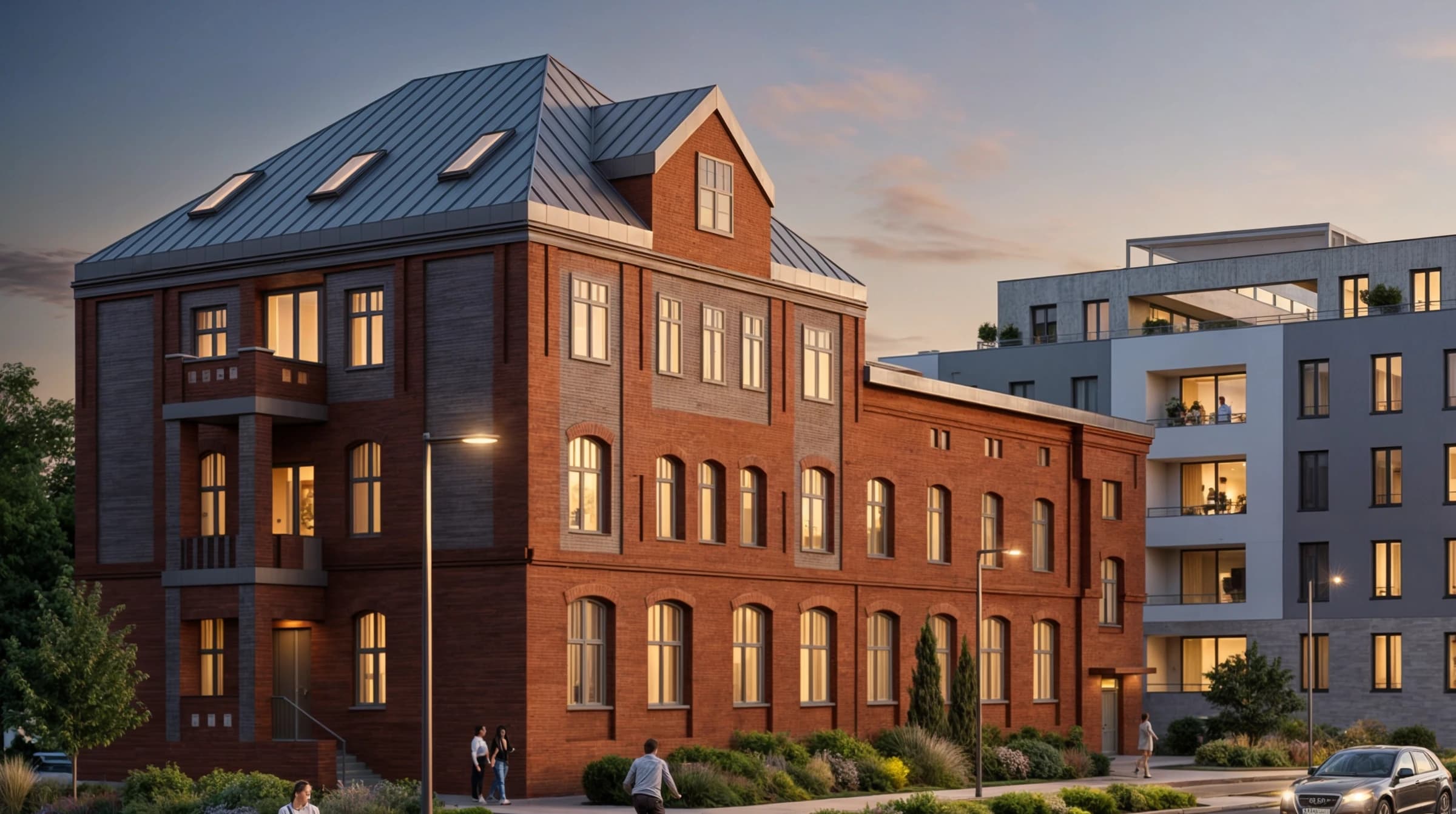 Rendering: die sanierten Verwaltungsbauten an der Alt Salbke im Abendlicht, daneben ein Wohnneubau