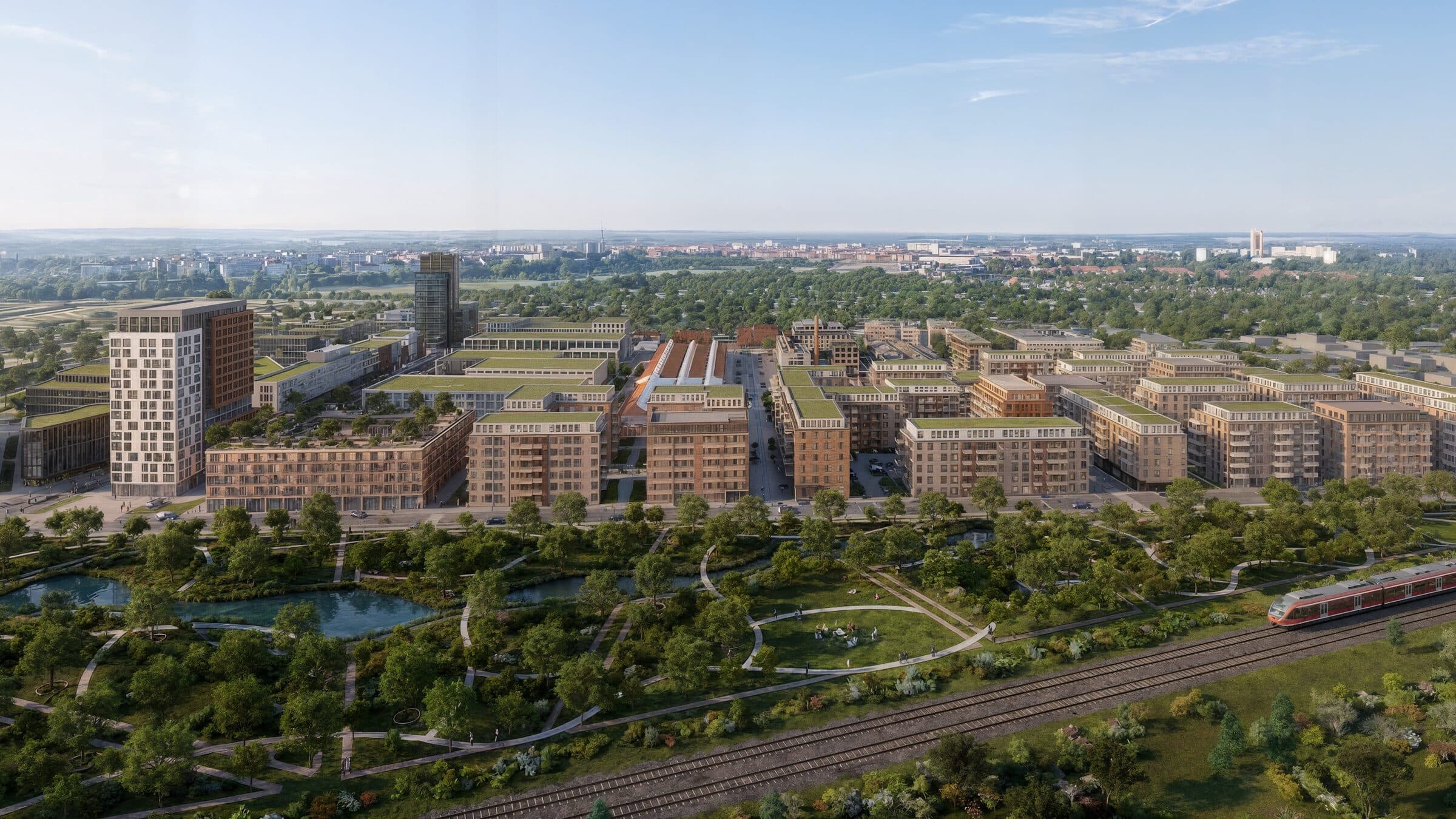 Rendering: RAWSBURG Quartier mit Südpark bei Tag
