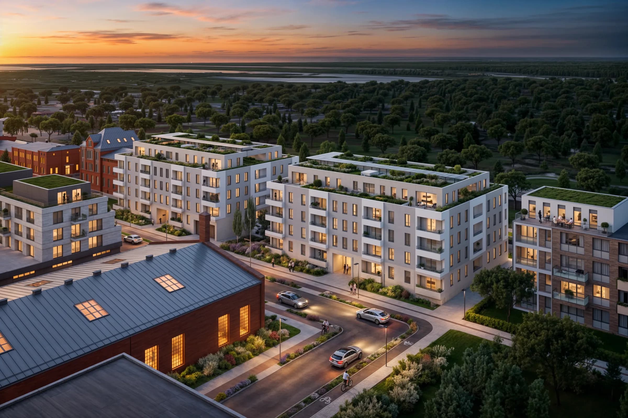 Rendering: Luftaufnahme Landmark-Tower im Sonnenuntergang