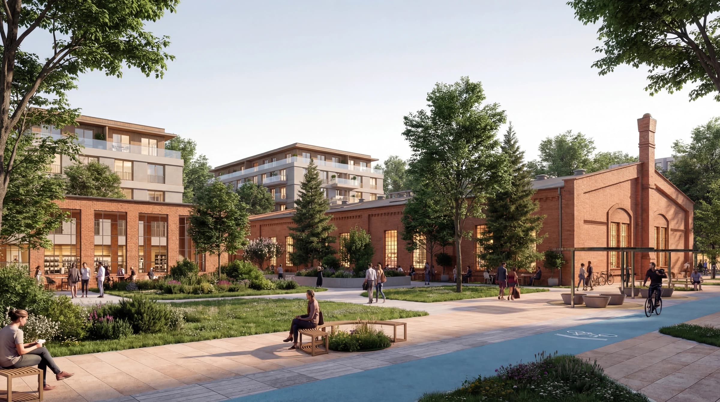 Rendering: erhaltene Backsteinhalle am Grünzug, davor Sitzbänke, Beete und der Radweg