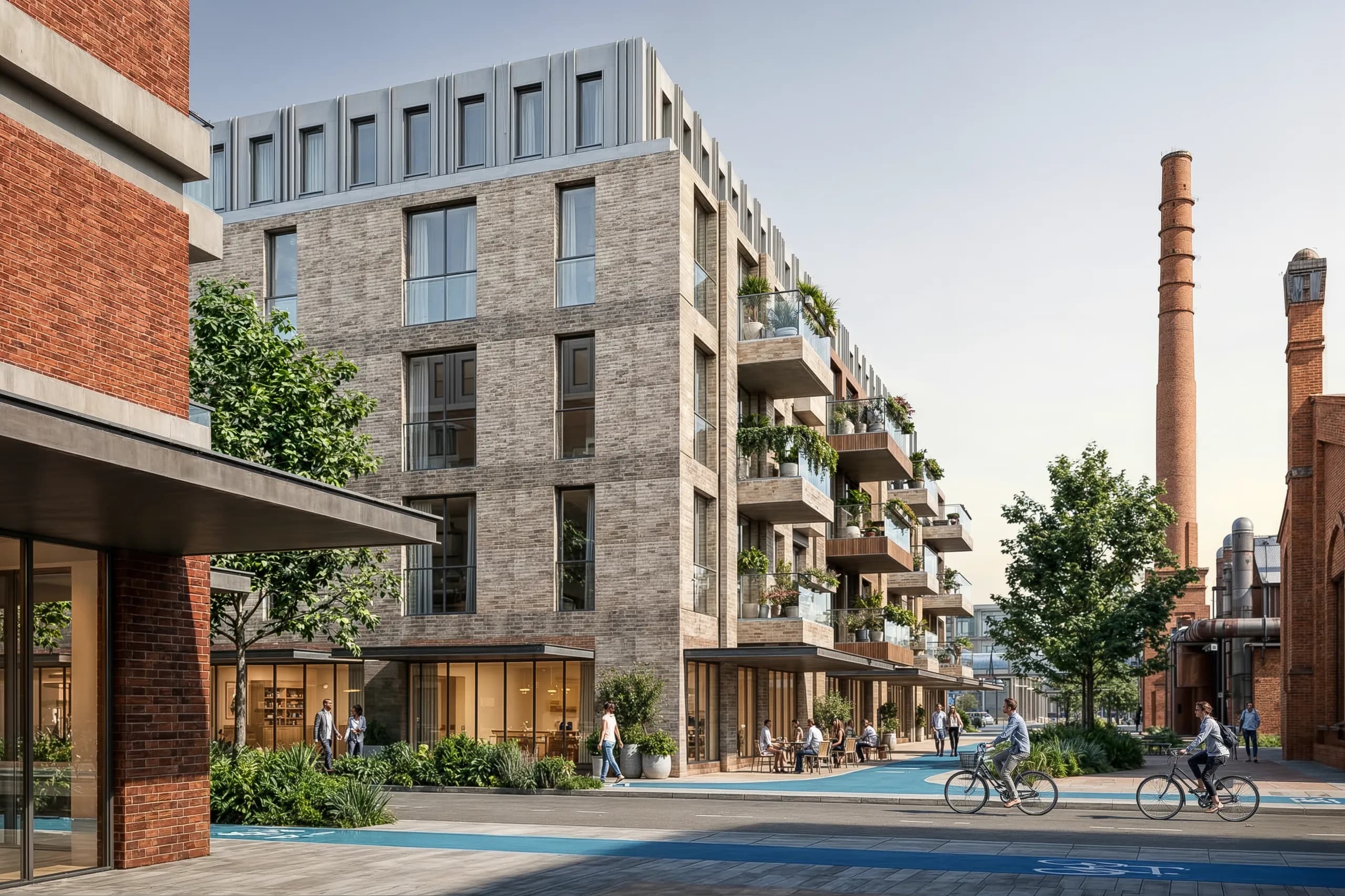 Rendering: Straßenzug mit historischem Schornstein im Abendlicht