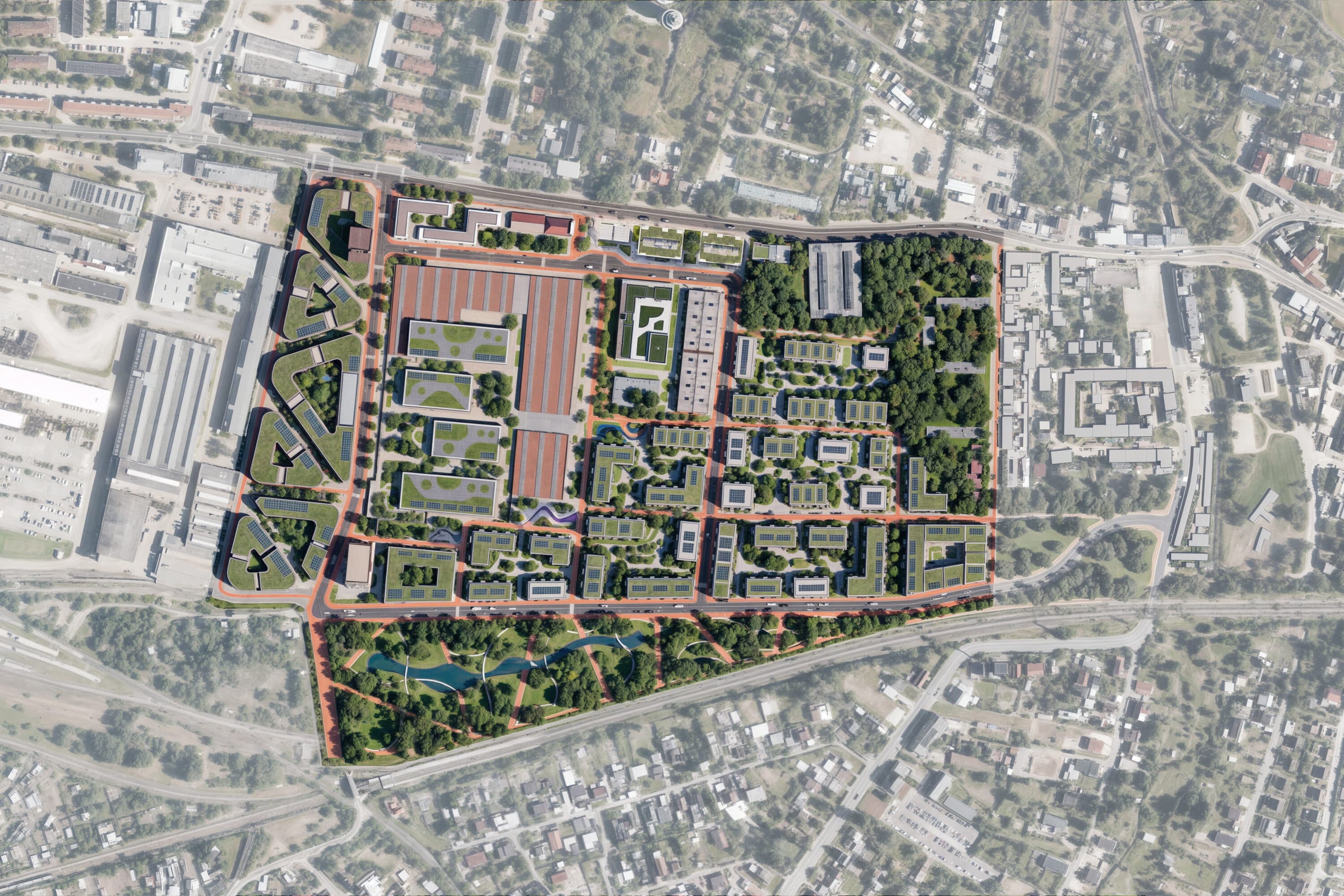 RAWSBURG Magdeburg Masterplan — Luftbild-Lageplan des 26 Hektar großen Stadtentwicklungsareals mit 19 Baufeldern und den historischen Denkmalbauten