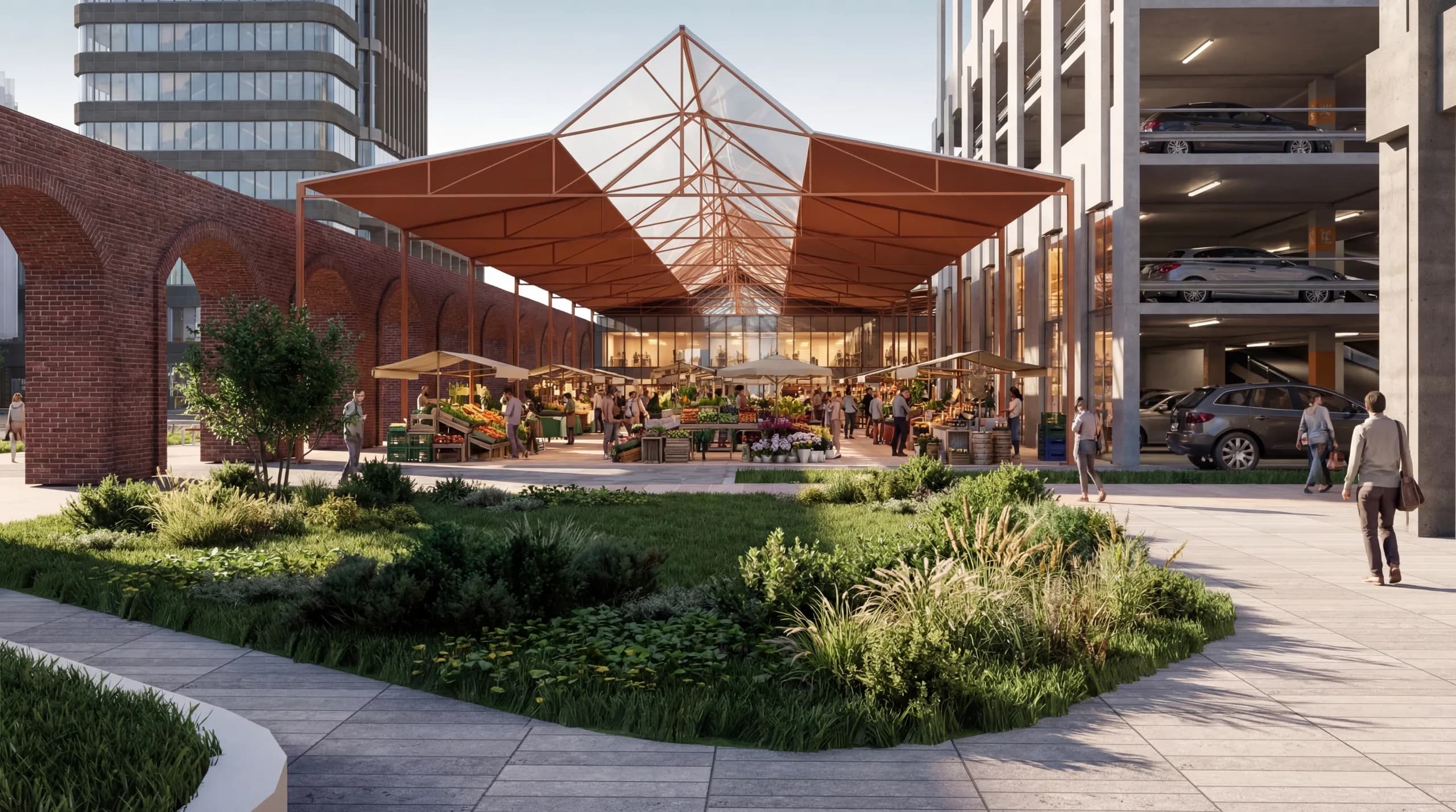 Rendering: Wochenmarkt unter dem Zeltdach am Mobility Hub