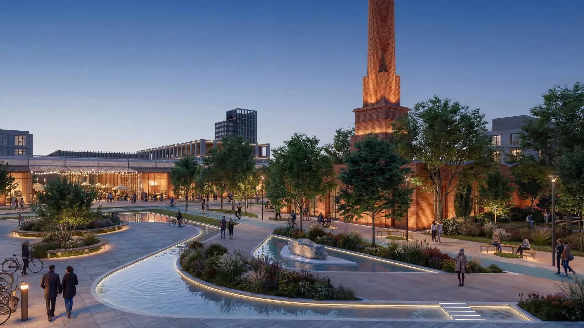 Rendering: Wasserplatz mit beleuchtetem Schornstein bei Nacht
