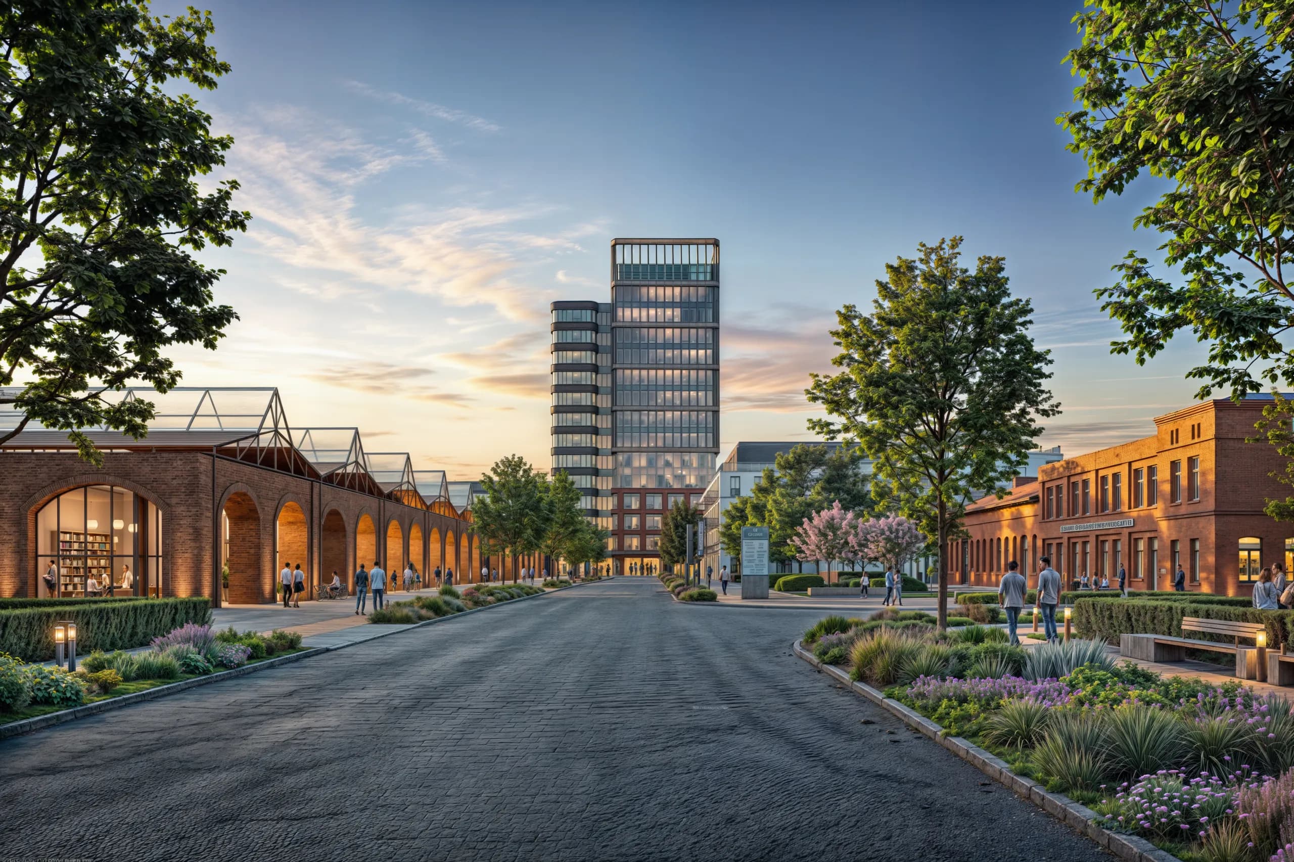 Rendering: Quartiersstraße mit Markthallen-Arkade und Turm im Abendlicht