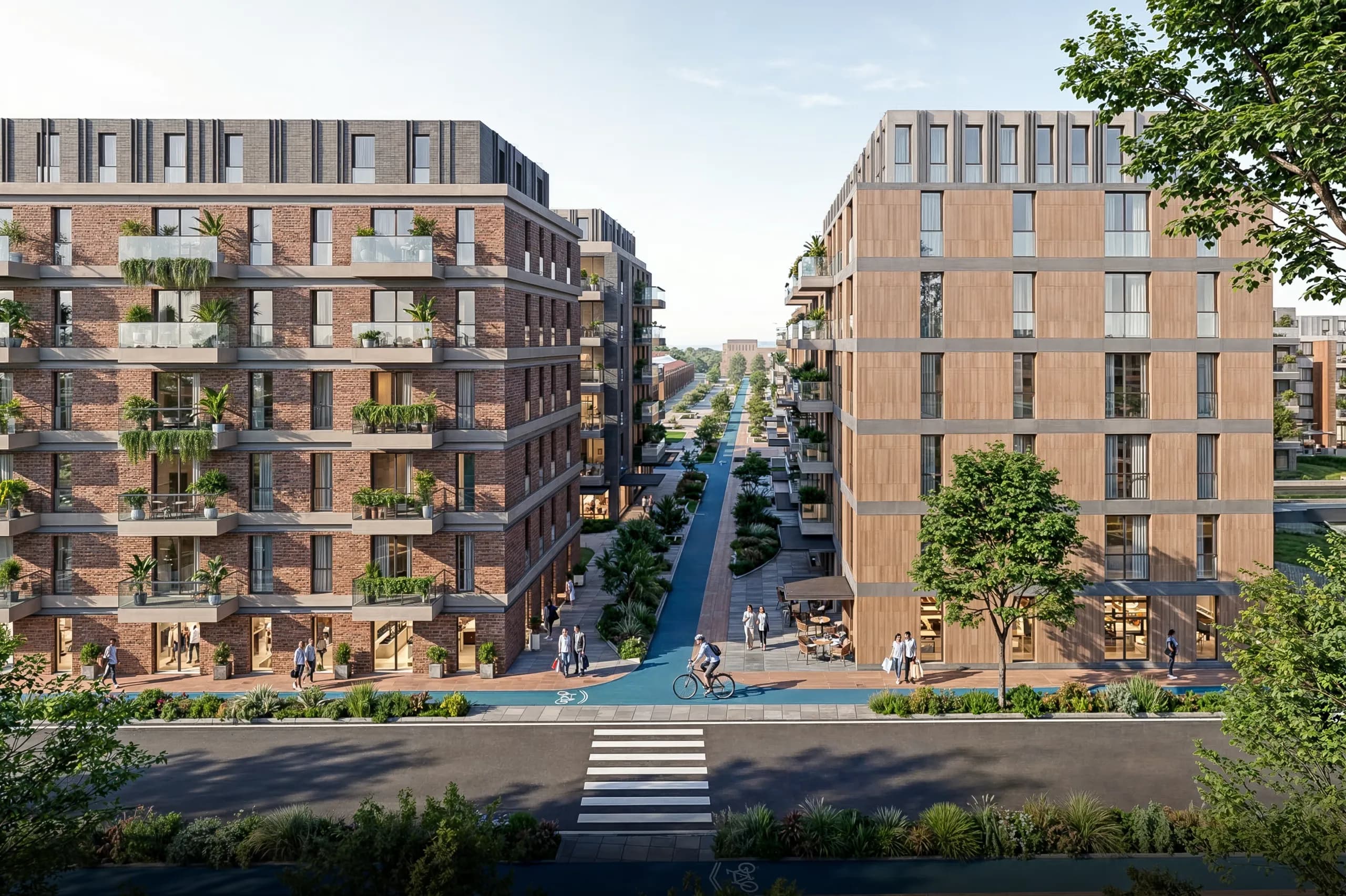 Rendering: Wohnboulevard mit durchgehend markiertem Radweg