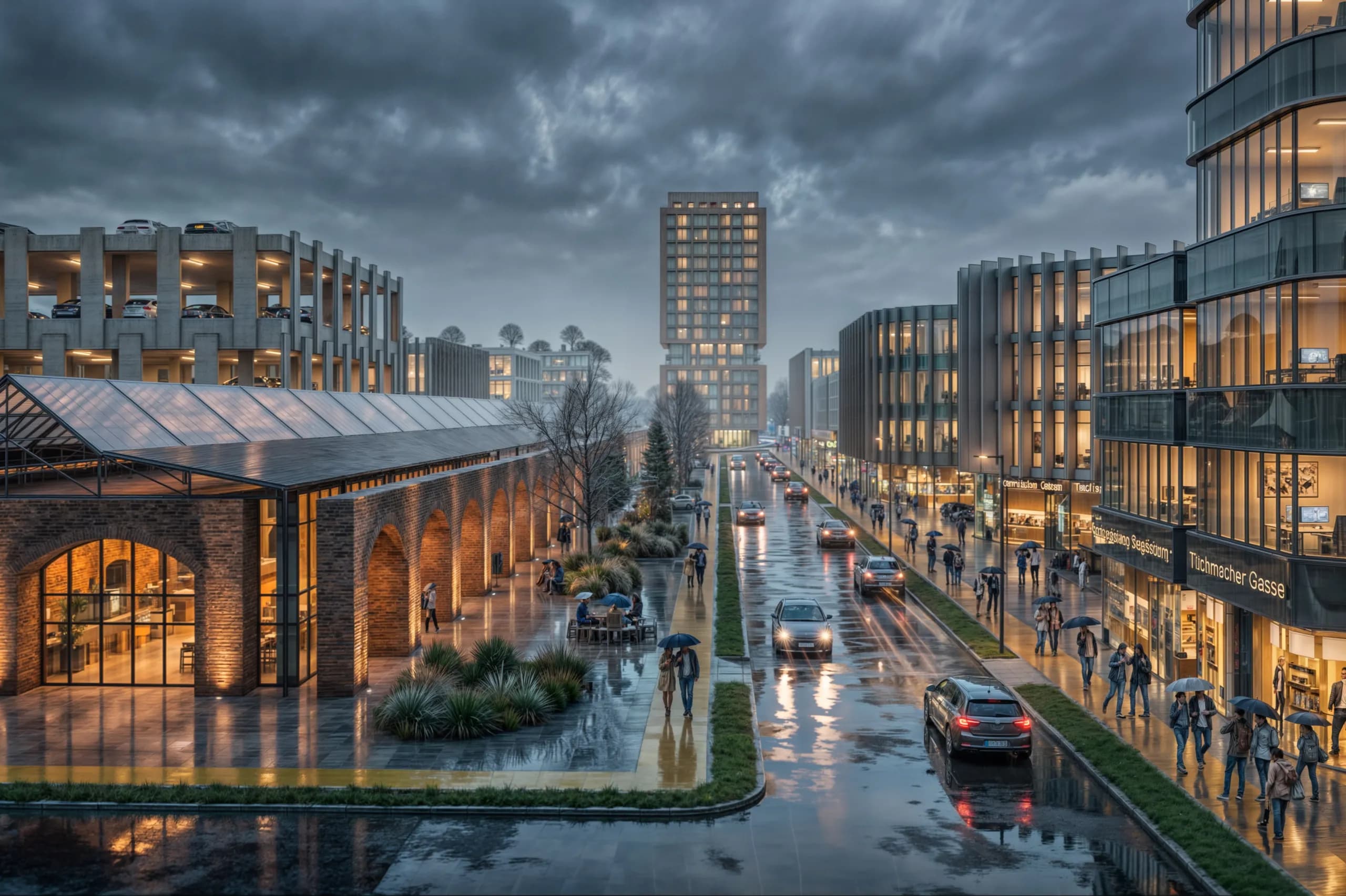 Rendering: Belebte Einkaufsstraße an der Markthalle am Regenabend