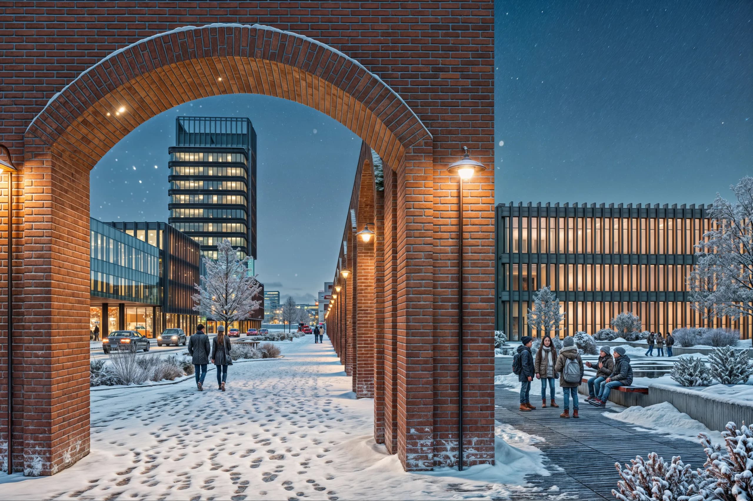 Rendering: Blick durch den Backsteinbogen auf den beleuchteten Turm in einer Winternacht