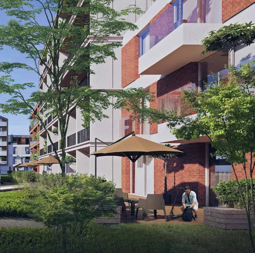 Rendering: Wohnhof mit Sonnenschirmen