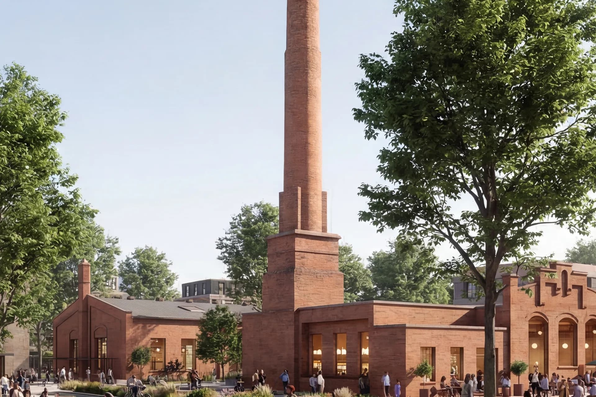 Visualisierung derselben Ansicht nach der Transformation — der erhaltene Schornstein über dem neuen Quartiersplatz, mit Bäumen bestanden und tagsüber belebt