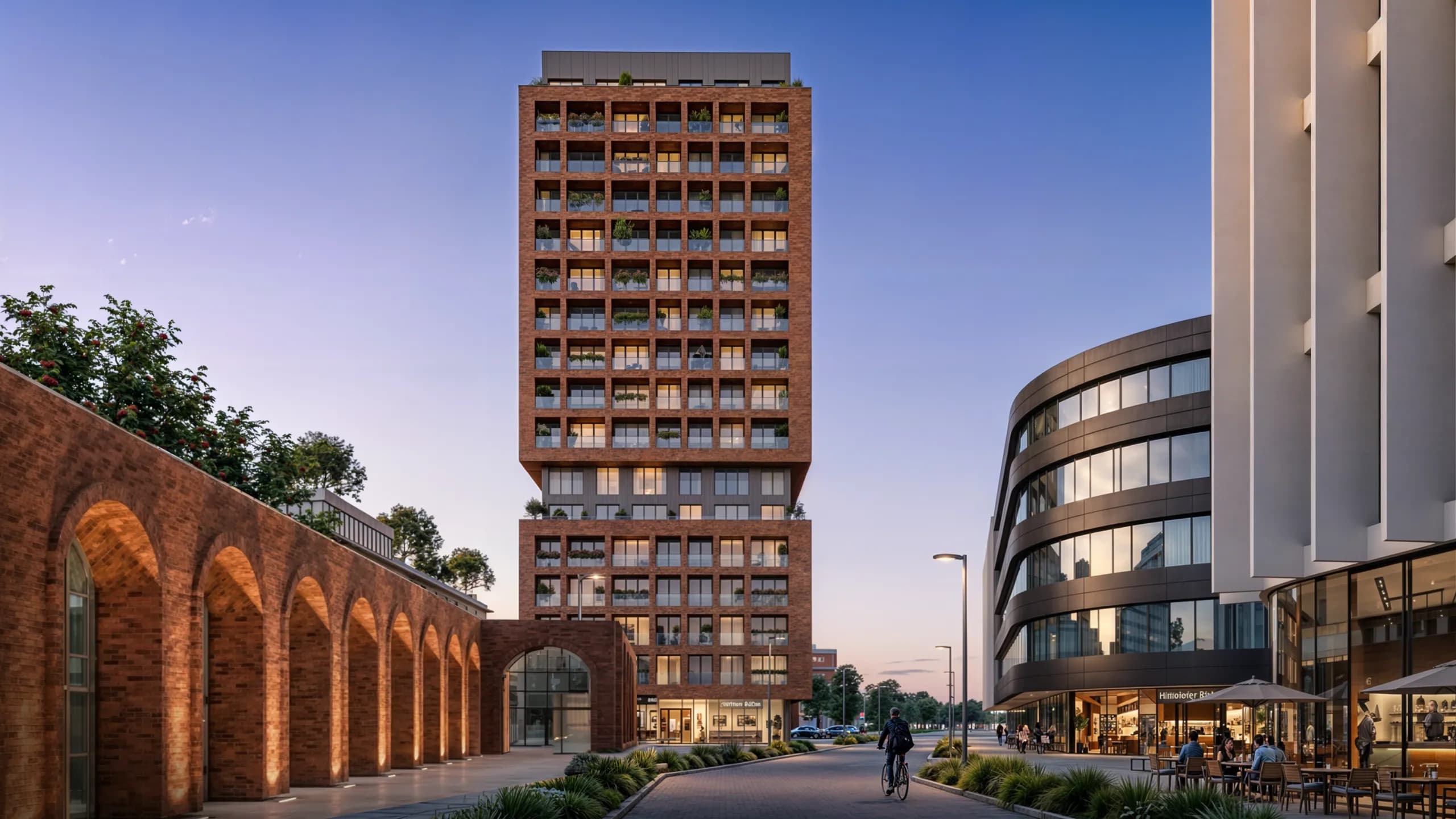 Rendering: Wohnturm hinter der beleuchteten Backstein-Arkade zur blauen Stunde
