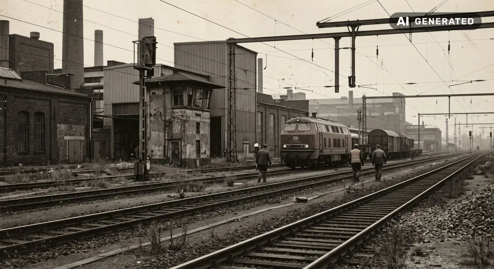 KI-generierte Darstellung, kein Archivfoto: Integration des Werks in die Deutsche Bahn AG im Zuge der Bahnreform