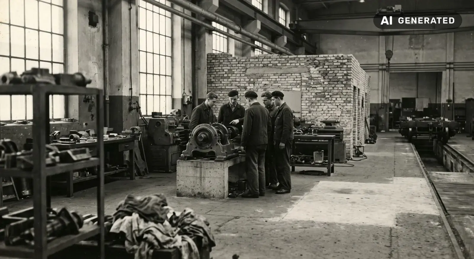 KI-generierte Darstellung, kein Archivfoto: Einweihung der neuen Berufsschule und Wiederaufbau