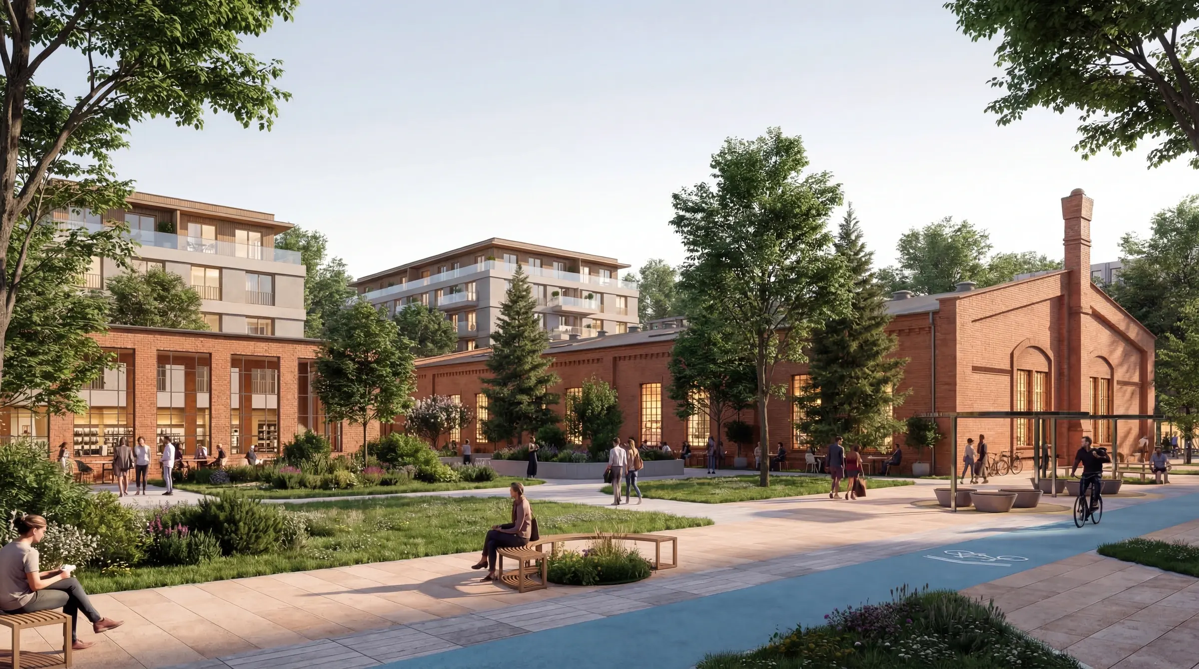 Rendering: erhaltene Backsteinhalle am Grünzug, davor Sitzbänke, Beete und der Radweg