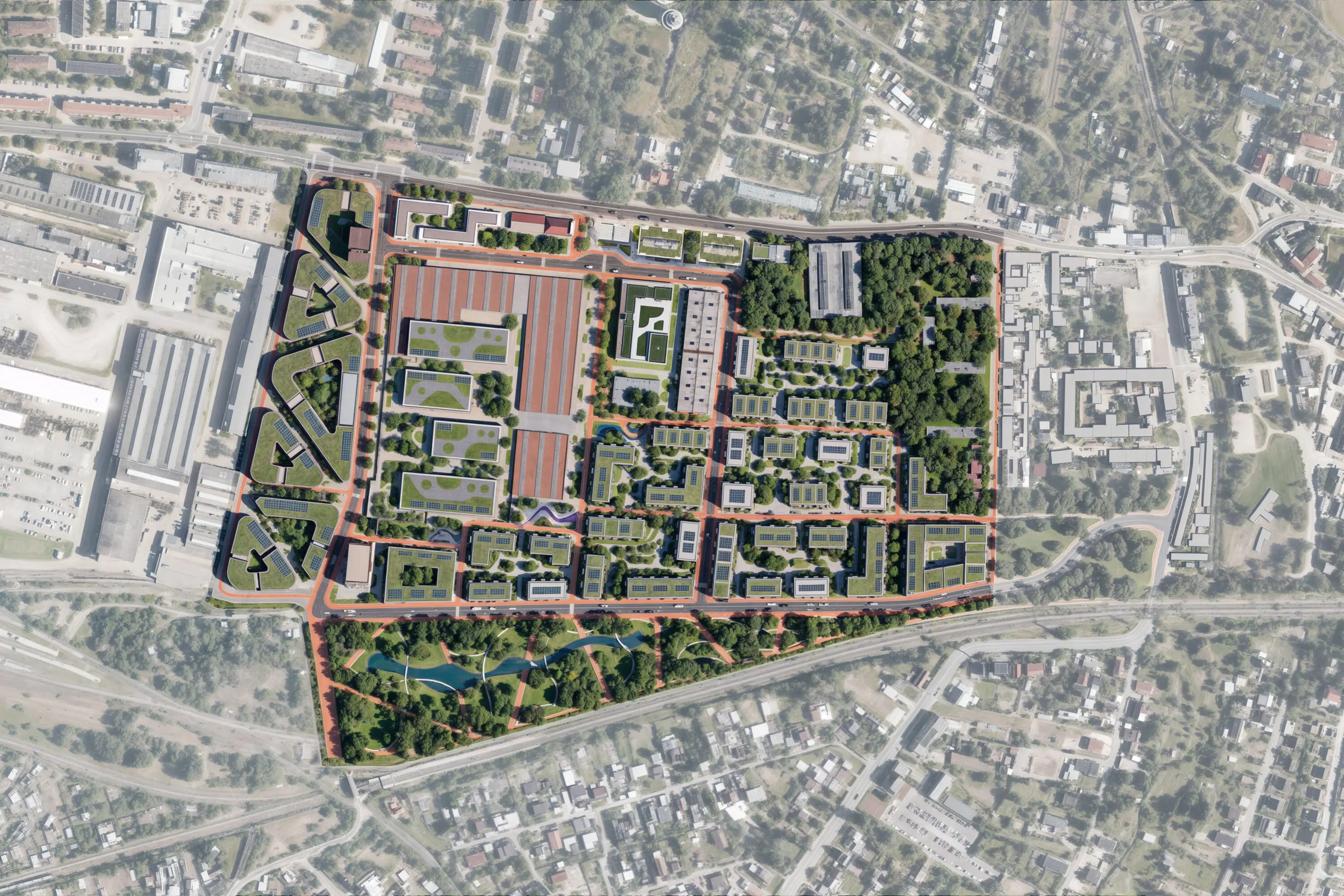 RAWSBURG Magdeburg Masterplan — Luftbild-Lageplan des 26 Hektar großen Stadtentwicklungsareals mit 19 Baufeldern und den historischen Denkmalbauten