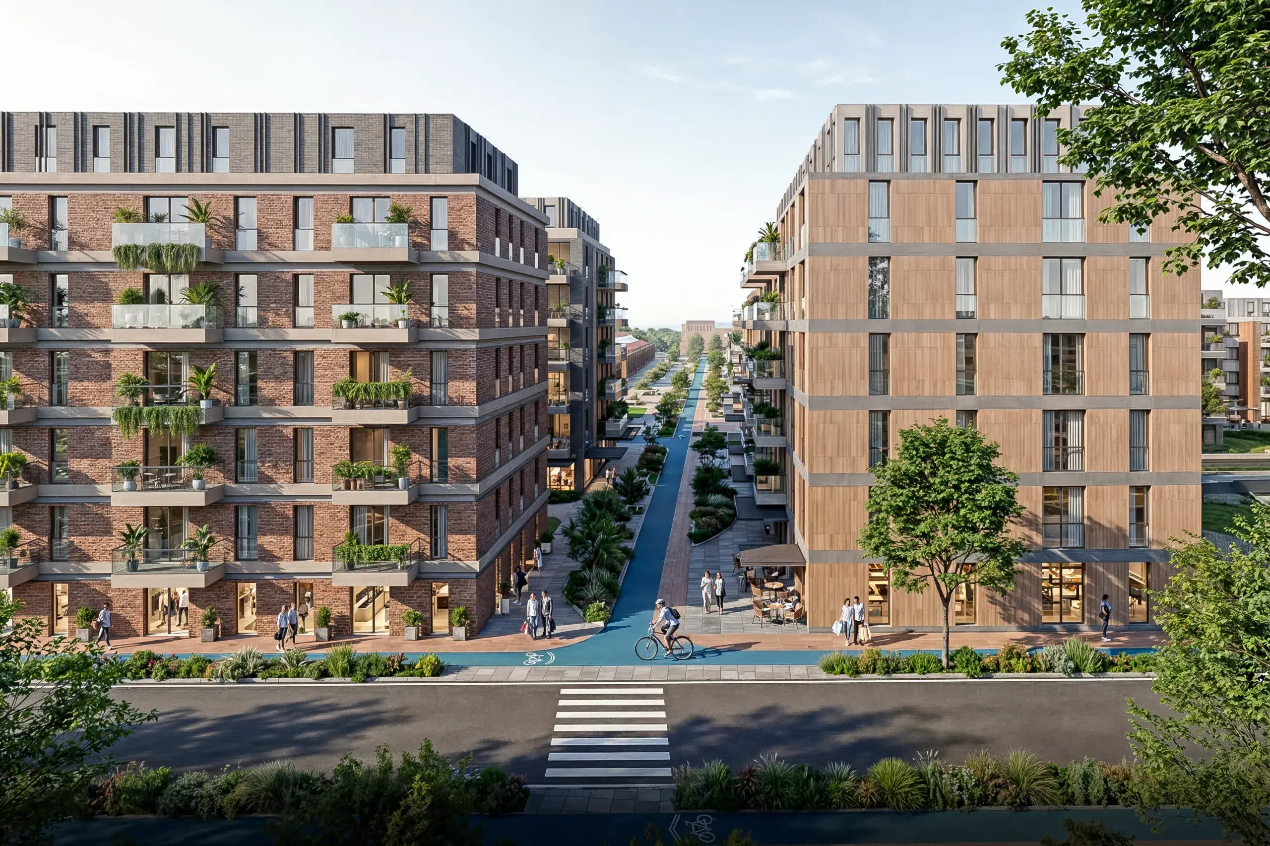 Boulevard im Quartier mit durchgehend markierter Radspur, begrünten Rändern und aktiven Erdgeschosszonen.