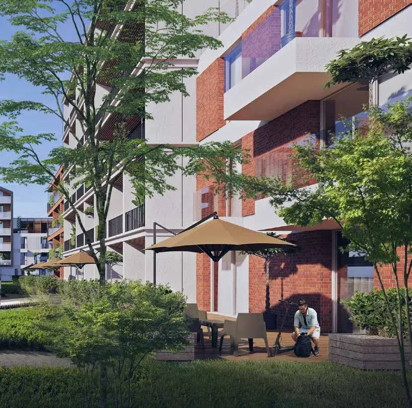 Rendering: Wohnhof mit Sonnenschirmen