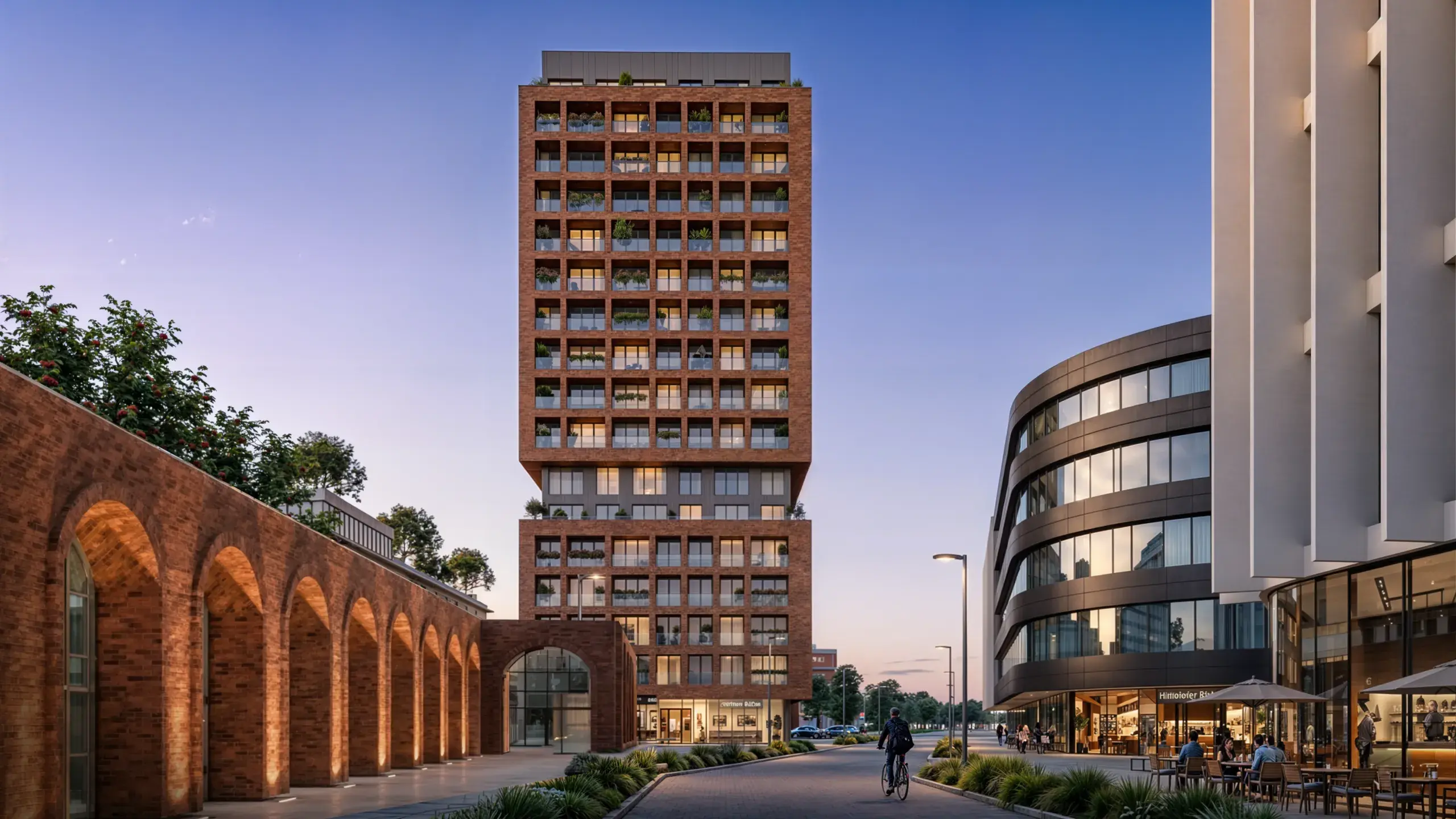 Rendering: Wohnturm hinter der beleuchteten Backstein-Arkade zur blauen Stunde